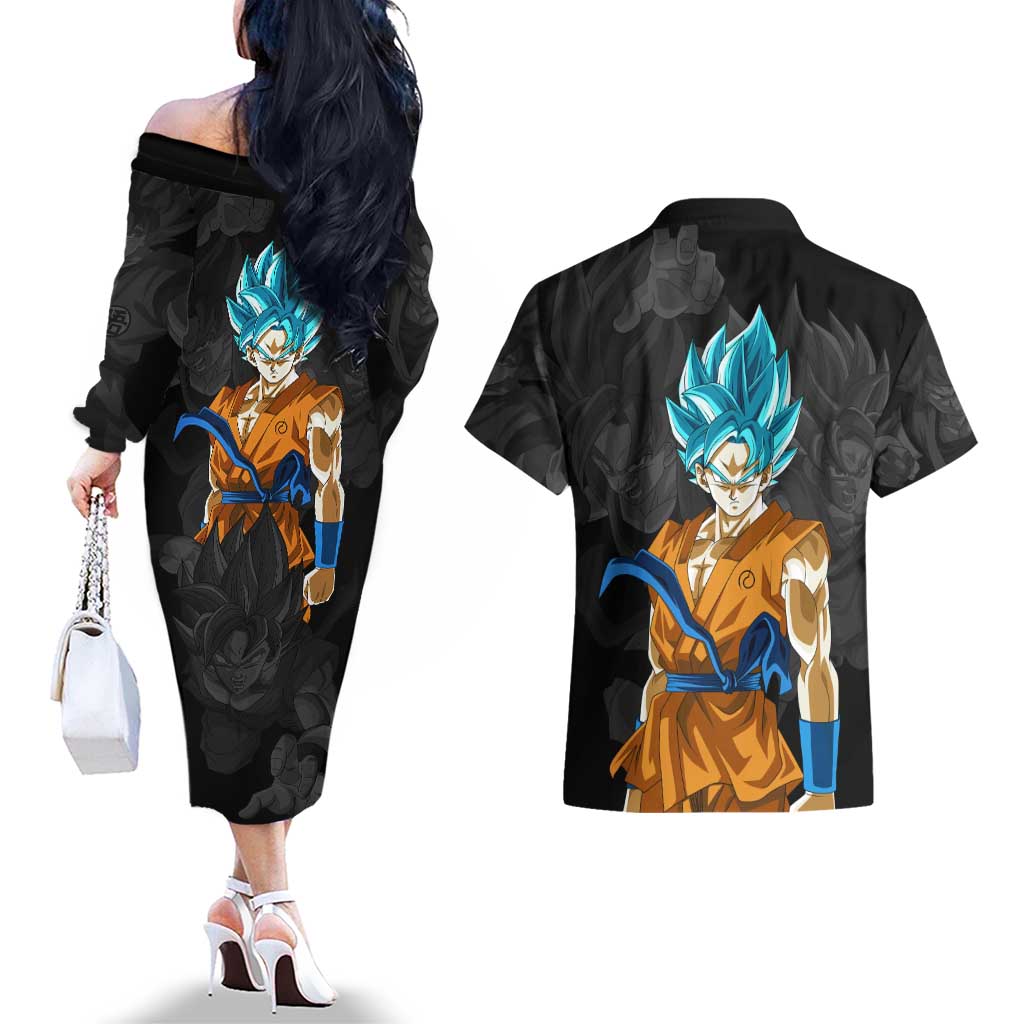 Goku Blue - Dragon Ball Couples Matching Off The Shoulder Long Sleeve Dress and Hawaiian Shirt Anime Style