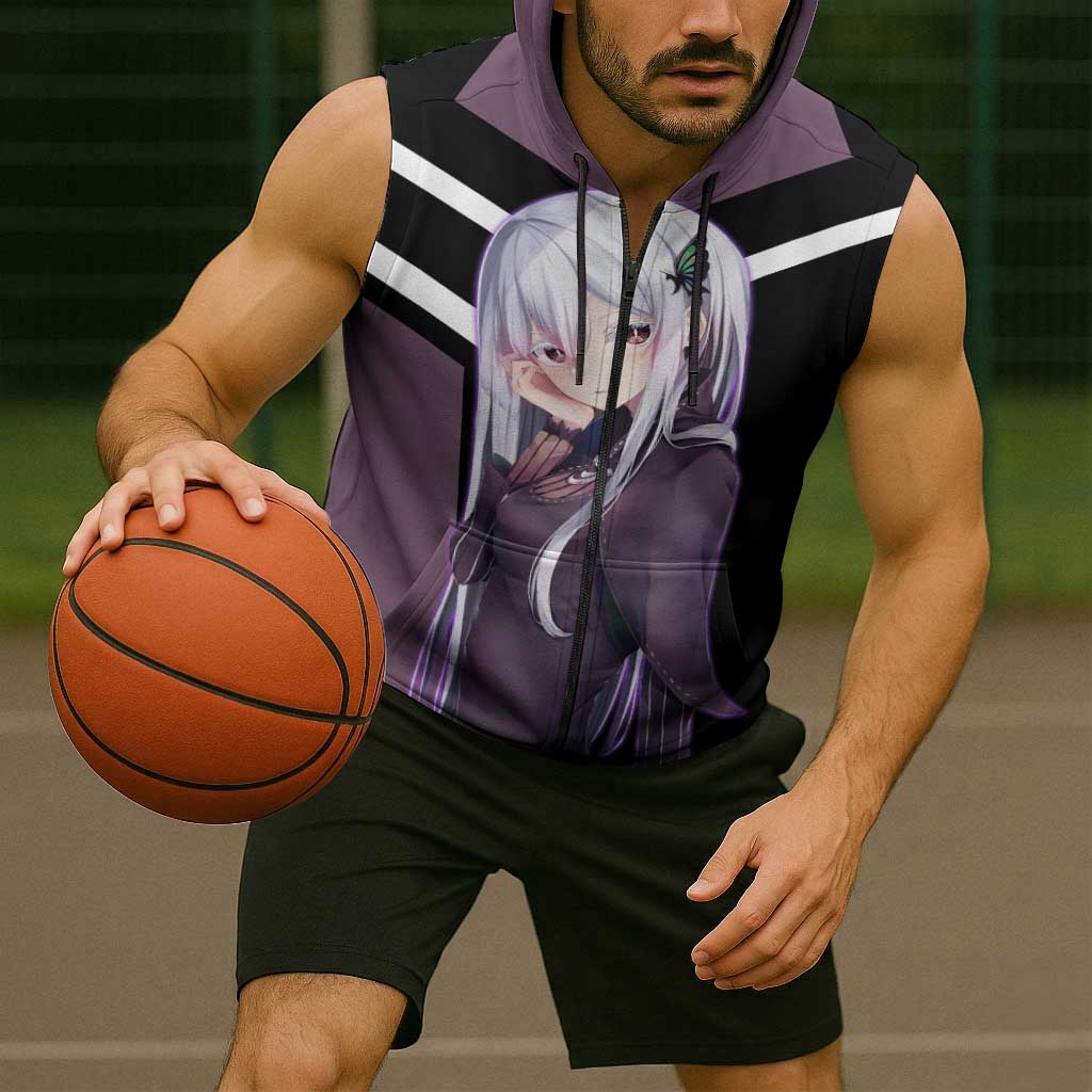 Enchidna Re:Zero Sleeveless Zip Hoodie with Elegant Pose and Mystical Fantasy Design - The Mazicc