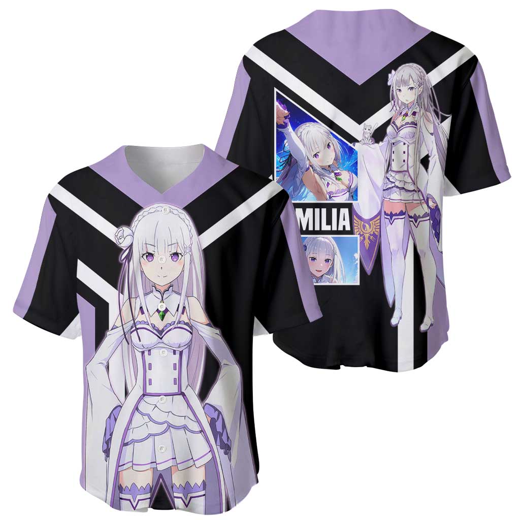 Emilia Re:Zero Baseball Jersey with Silver Hair and Magical Fantasy Pose Design - The Mazicc