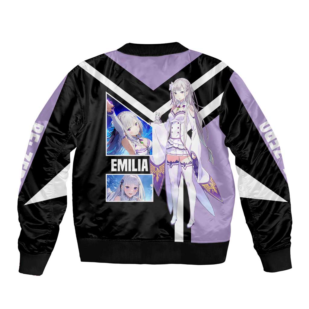 Emilia Re:Zero Bomber Jacket with Silver Hair and Magical Fantasy Pose Design - The Mazicc
