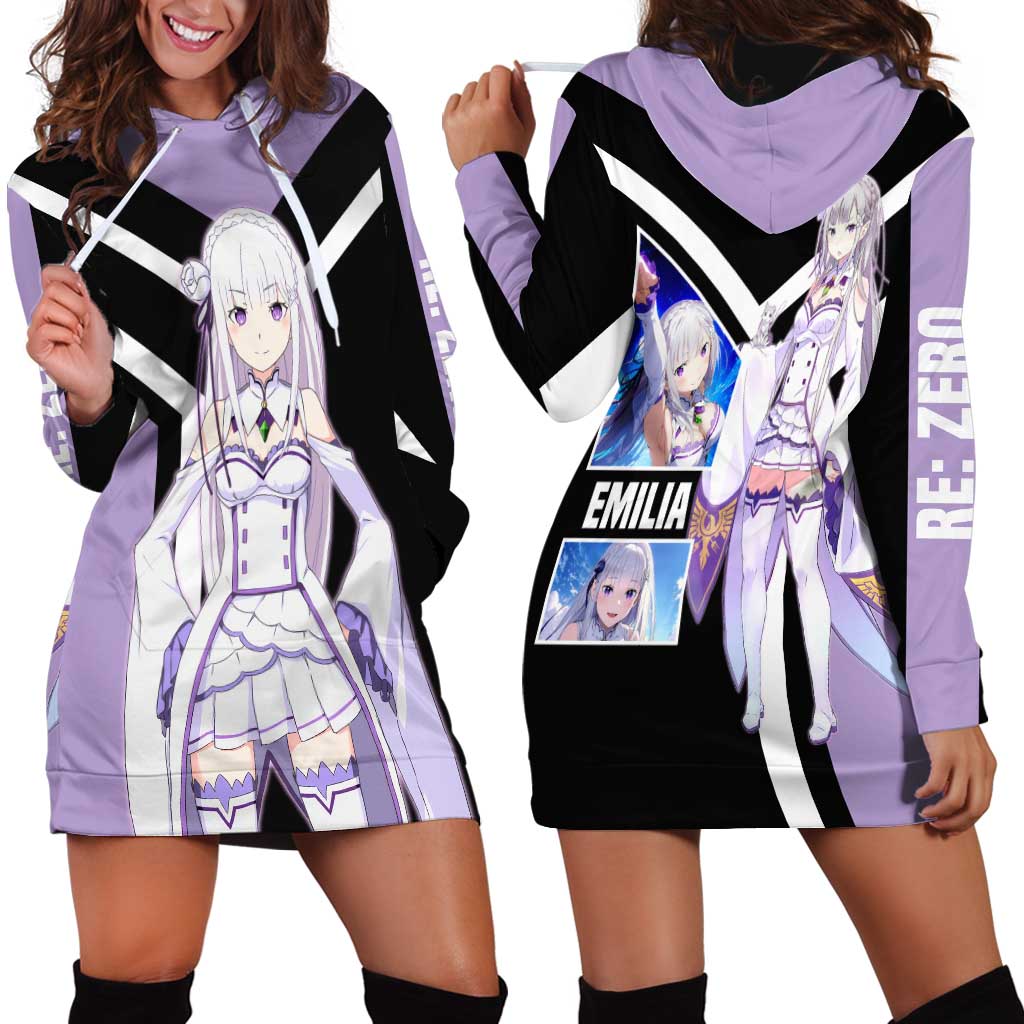 Emilia Re:Zero Hoodie Dress with Silver Hair and Magical Fantasy Pose Design - The Mazicc