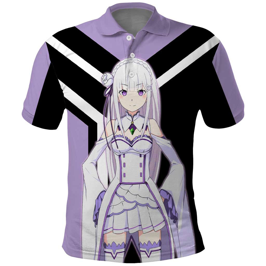 Emilia Re:Zero Polo Shirt with Silver Hair and Magical Fantasy Pose Design - The Mazicc