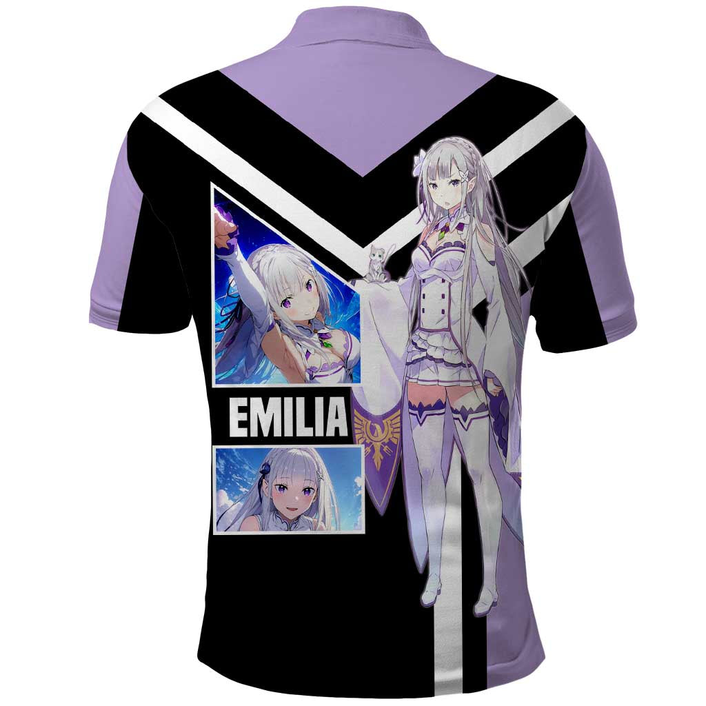 Emilia Re:Zero Polo Shirt with Silver Hair and Magical Fantasy Pose Design - The Mazicc
