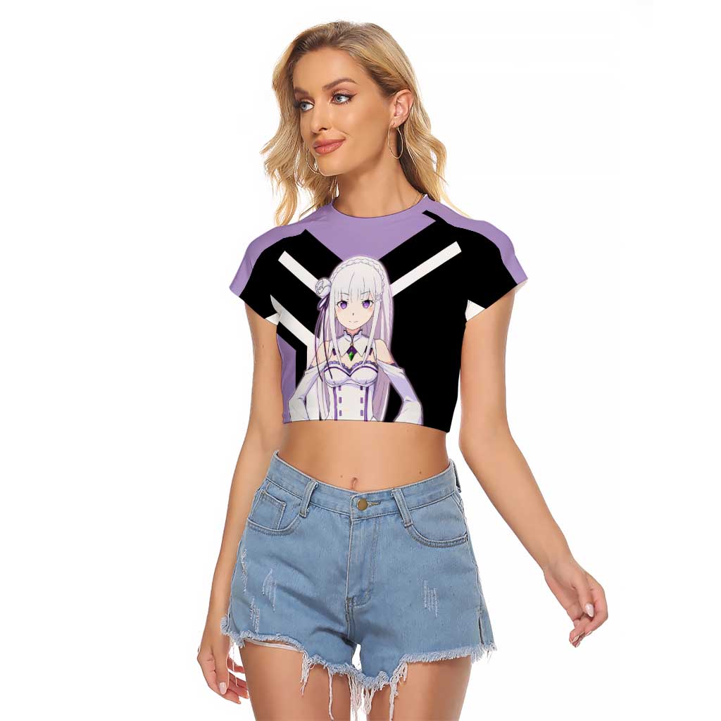 Emilia Re:Zero Raglan Cropped T Shirt with Silver Hair and Magical Fantasy Pose Design - The Mazicc
