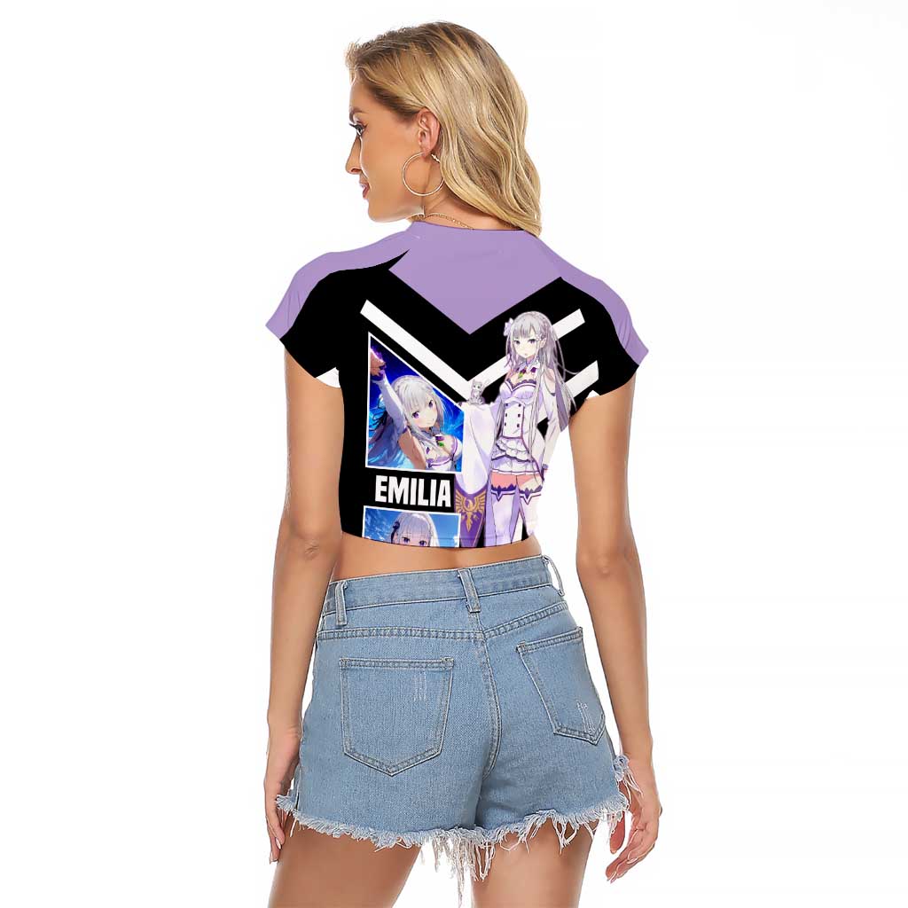 Emilia Re:Zero Raglan Cropped T Shirt with Silver Hair and Magical Fantasy Pose Design - The Mazicc