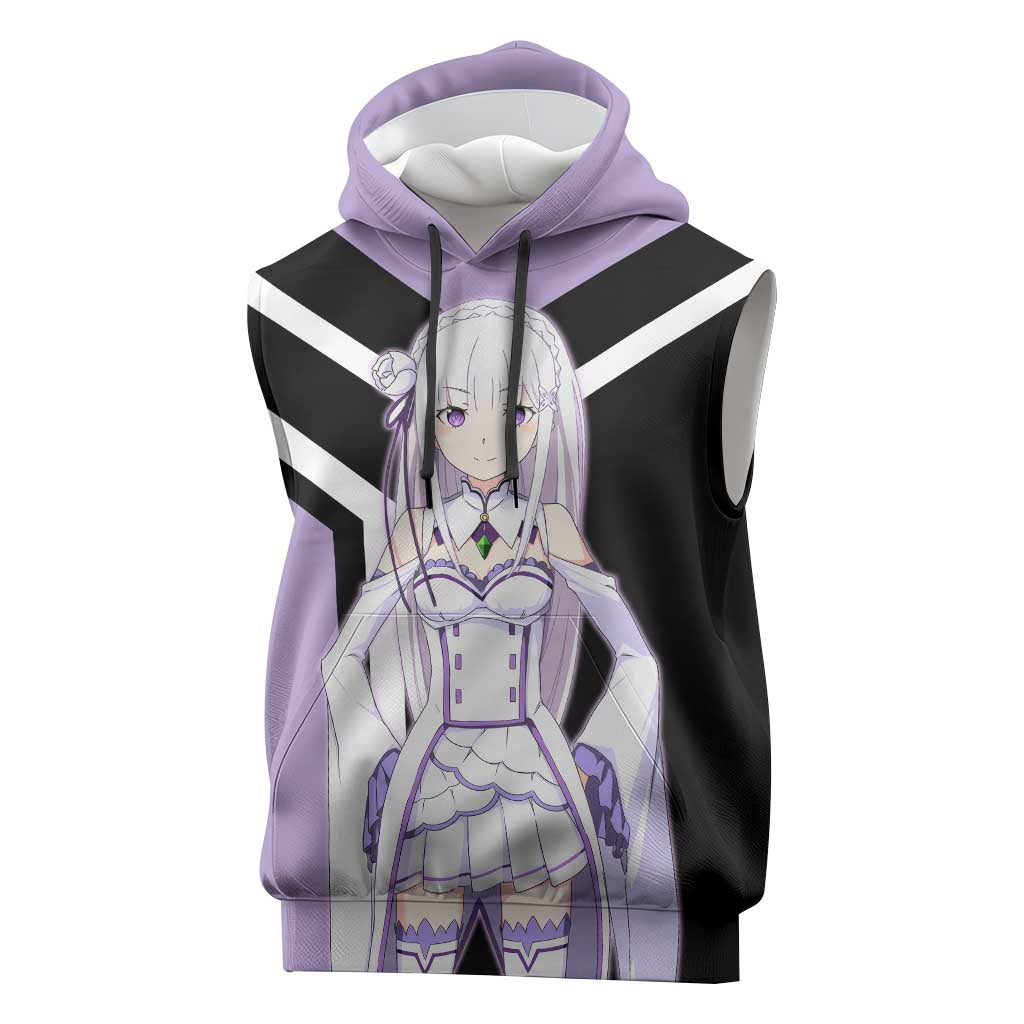 Emilia Re:Zero Sleeveless Hoodie with Silver Hair and Magical Fantasy Pose Design - The Mazicc