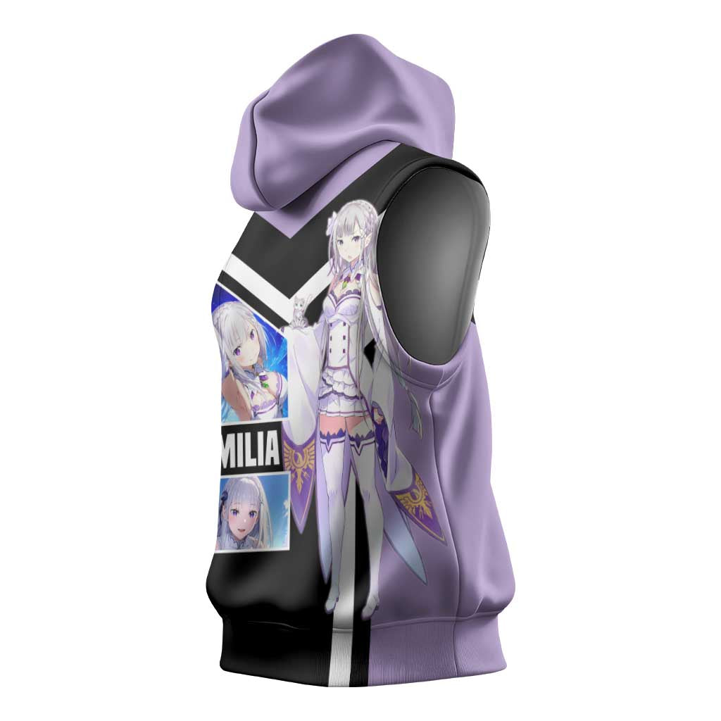 Emilia Re:Zero Sleeveless Hoodie with Silver Hair and Magical Fantasy Pose Design - The Mazicc