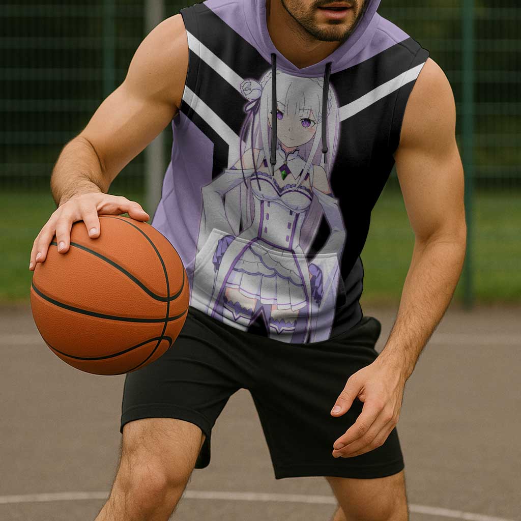 Emilia Re:Zero Sleeveless Hoodie with Silver Hair and Magical Fantasy Pose Design - The Mazicc