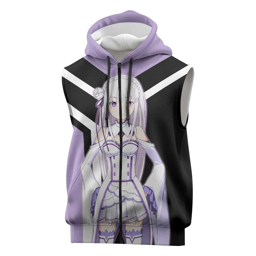 Emilia Re:Zero Sleeveless Zip Hoodie with Silver Hair and Magical Fantasy Pose Design - The Mazicc