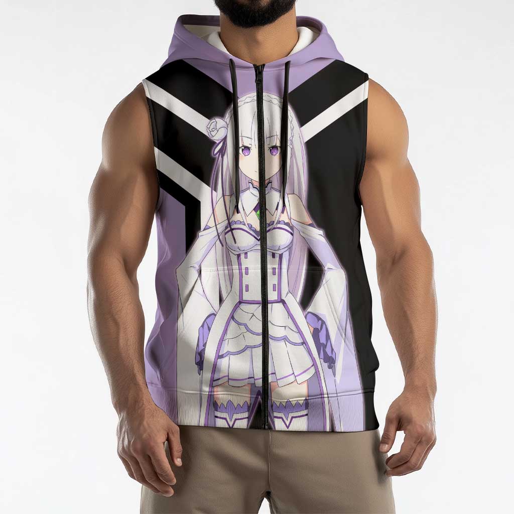 Emilia Re:Zero Sleeveless Zip Hoodie with Silver Hair and Magical Fantasy Pose Design - The Mazicc