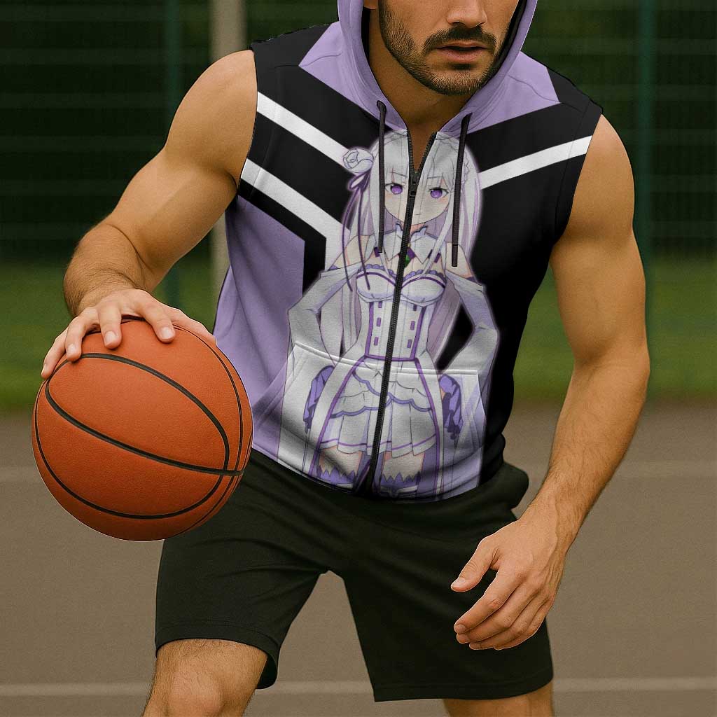 Emilia Re:Zero Sleeveless Zip Hoodie with Silver Hair and Magical Fantasy Pose Design - The Mazicc