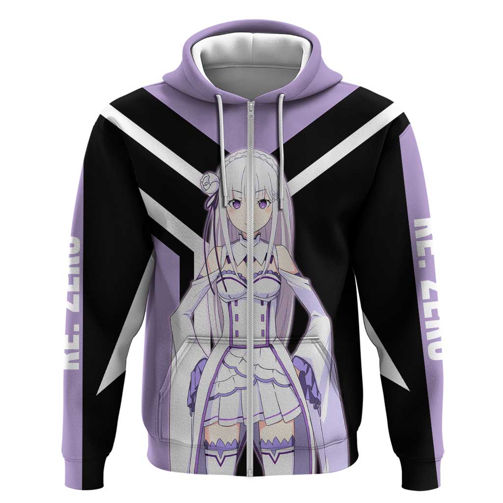 Emilia Re:Zero Zip Hoodie with Silver Hair and Magical Fantasy Pose Design - The Mazicc