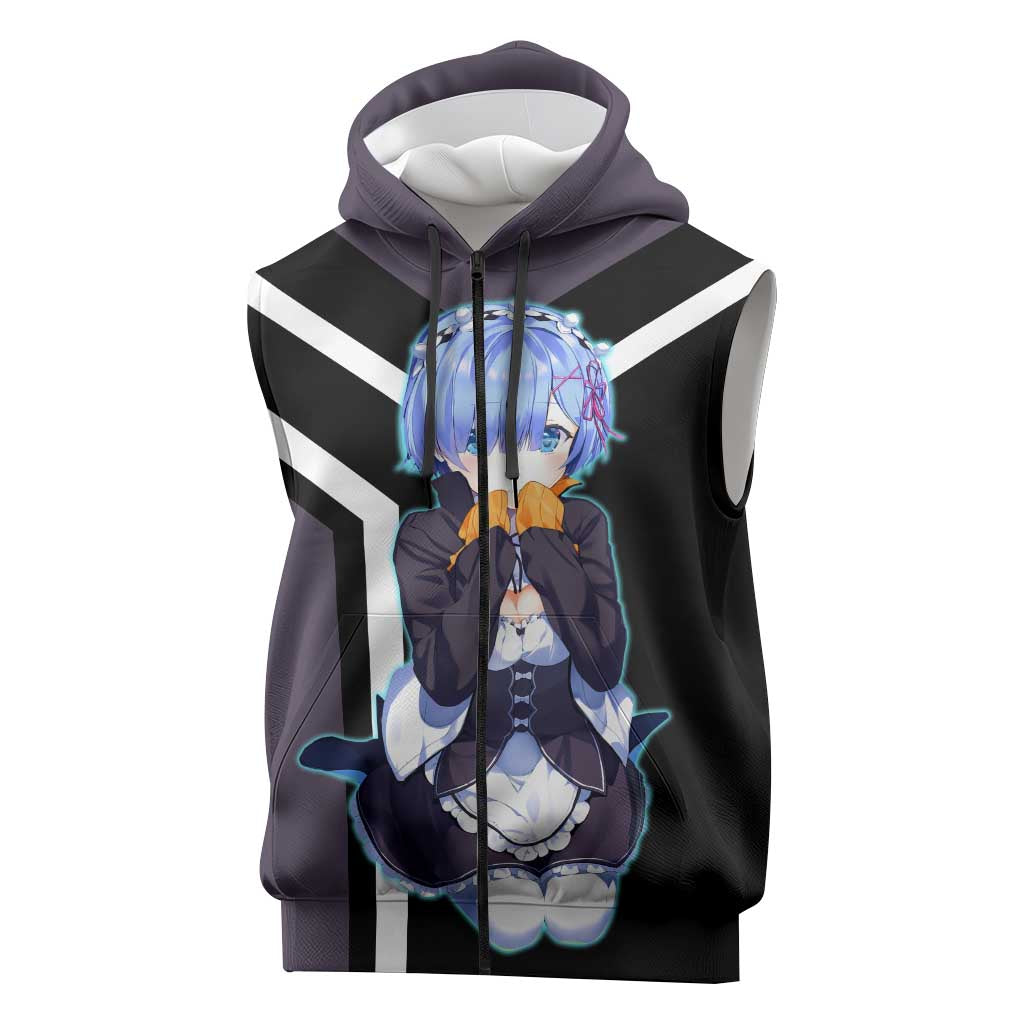 Rem Re:Zero Sleeveless Zip Hoodie with Maid Outfit and Loyal Battle Pose Design - The Mazicc