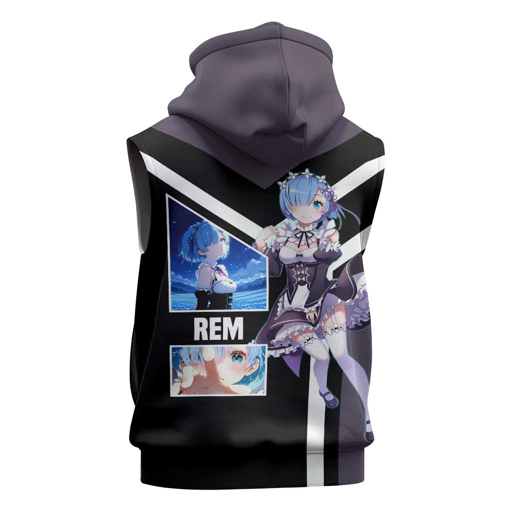 Rem Re:Zero Sleeveless Zip Hoodie with Maid Outfit and Loyal Battle Pose Design - The Mazicc