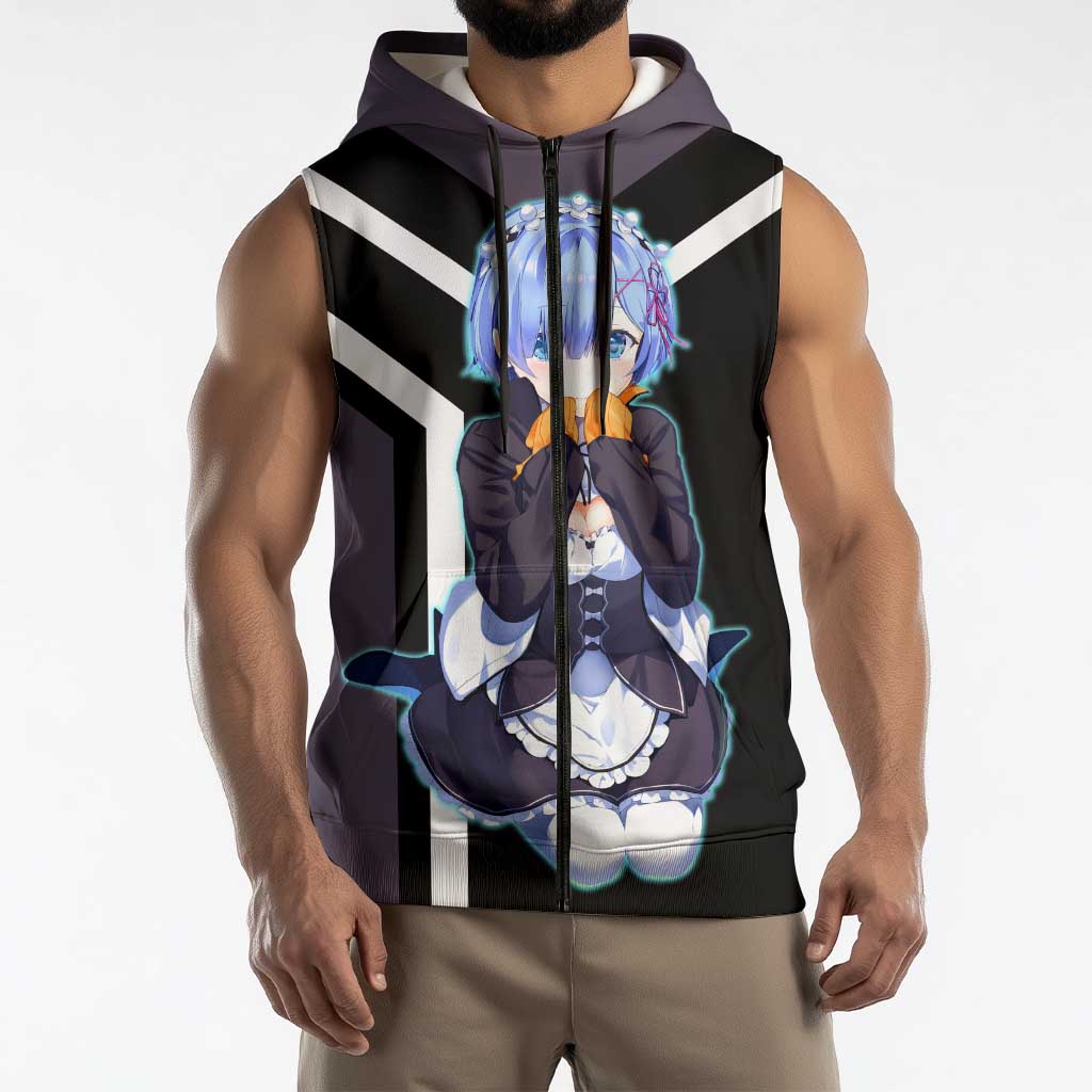 Rem Re:Zero Sleeveless Zip Hoodie with Maid Outfit and Loyal Battle Pose Design - The Mazicc