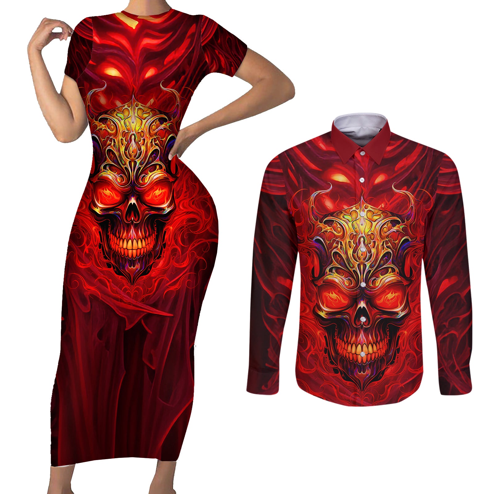 when-is-was-born-the-devil-couples-matching-short-sleeve-bodycon-dress-and-long-sleeve-button-shirts