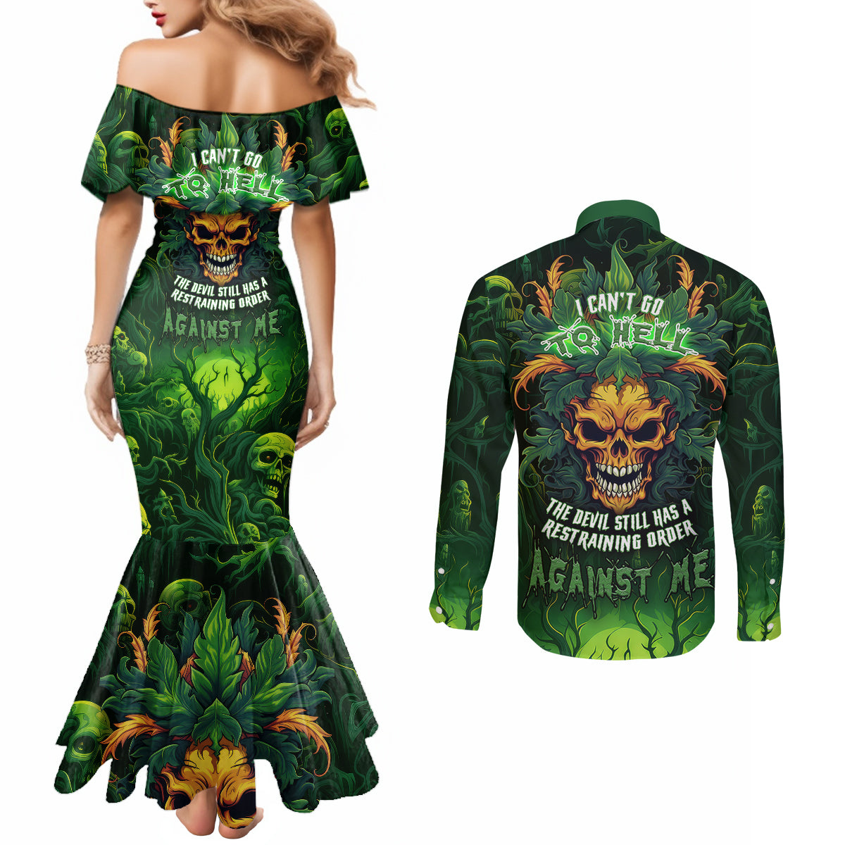 i-cant-go-to-hell-the-devil-still-has-a-restraining-order-against-me-couples-matching-mermaid-dress-and-long-sleeve-button-shirts