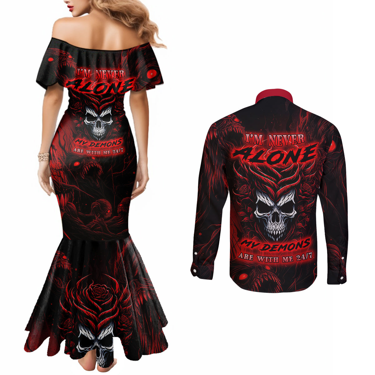 im-never-alone-my-demon-are-with-me-247-couples-matching-mermaid-dress-and-long-sleeve-button-shirts