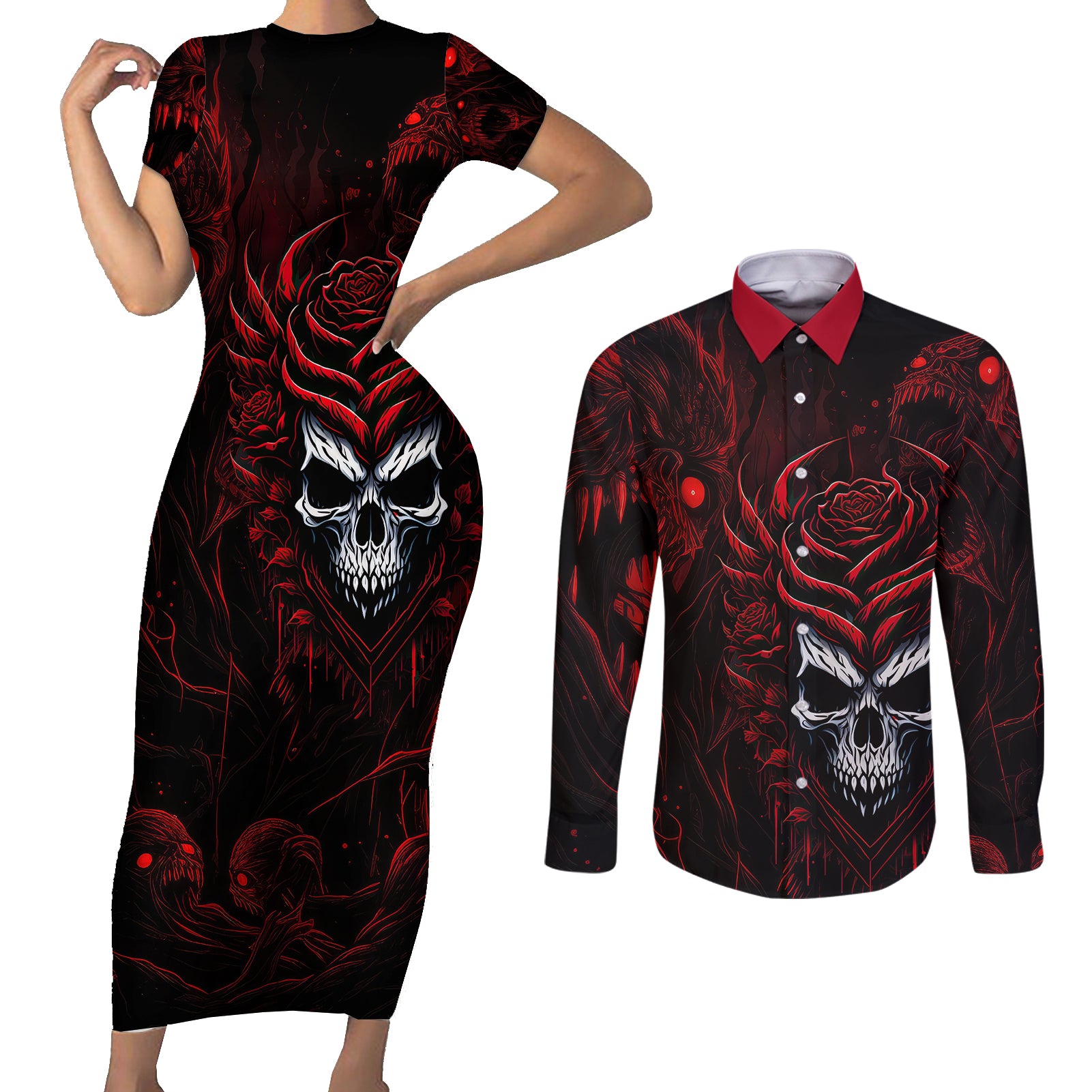 im-never-alone-my-demon-are-with-me-247-couples-matching-short-sleeve-bodycon-dress-and-long-sleeve-button-shirts