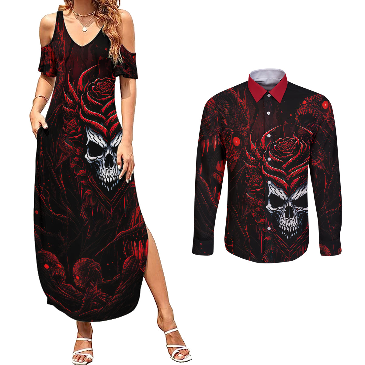 im-never-alone-my-demon-are-with-me-247-couples-matching-summer-maxi-dress-and-long-sleeve-button-shirts