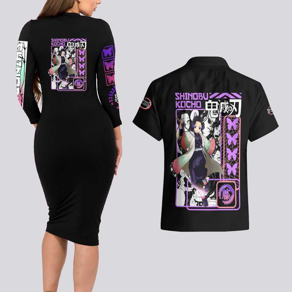 Shinobu Kocho V2 Demon Slayer Couples Matching Long Sleeve Bodycon Dress and Hawaiian Shirt Anime Style