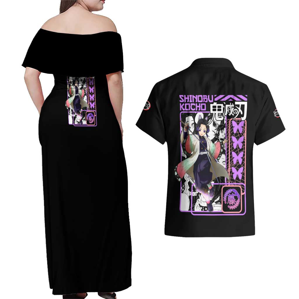 Shinobu Kocho V2 Demon Slayer Couples Matching Off Shoulder Maxi Dress and Hawaiian Shirt Anime Style