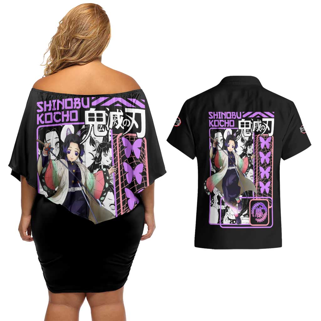Shinobu Kocho V2 Demon Slayer Couples Matching Off Shoulder Short Dress and Hawaiian Shirt Anime Style