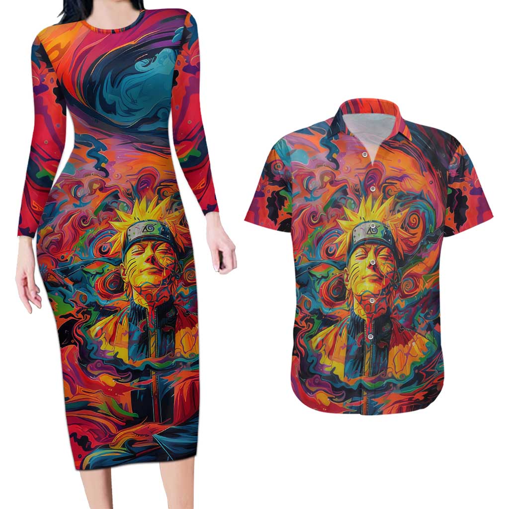 Trippy Naruto Couples Matching Long Sleeve Bodycon Dress and Hawaiian Shirt Anime Mix Trippy Style