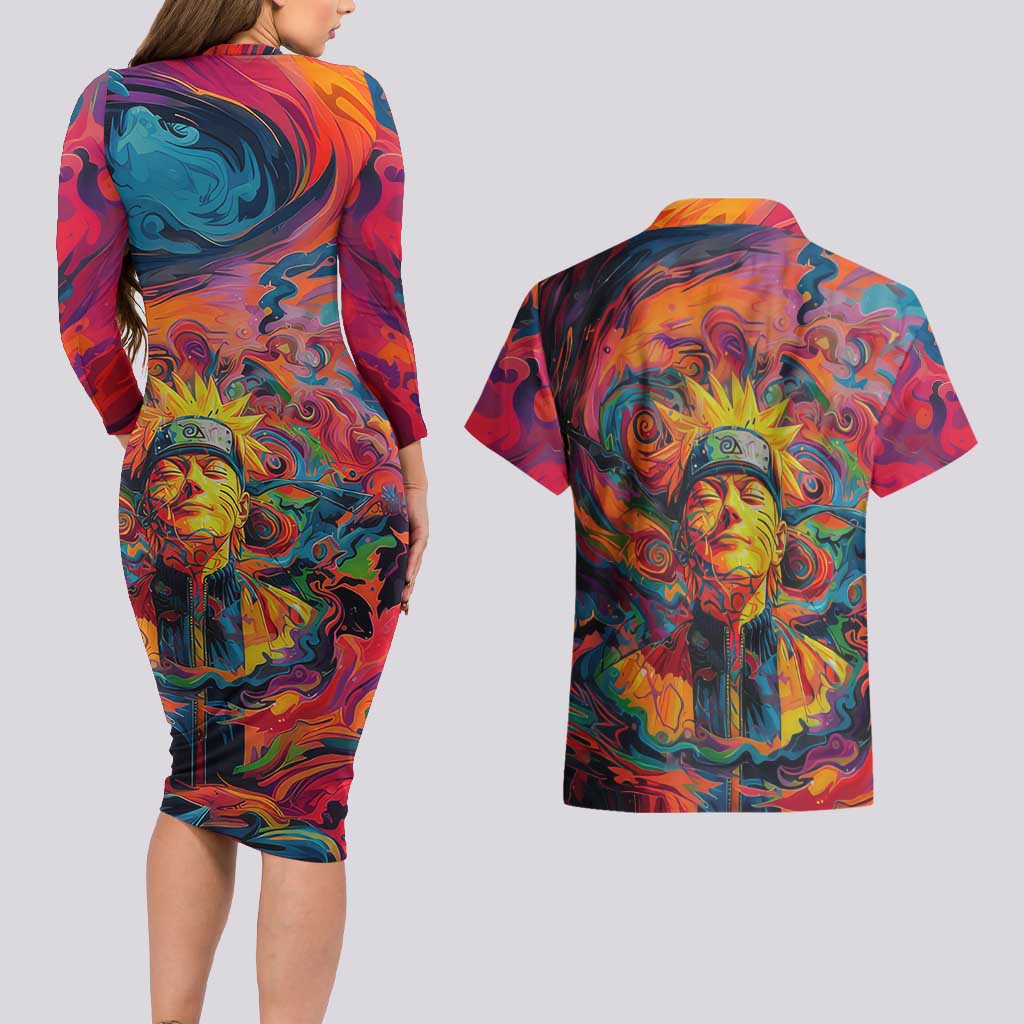 Trippy Naruto Couples Matching Long Sleeve Bodycon Dress and Hawaiian Shirt Anime Mix Trippy Style