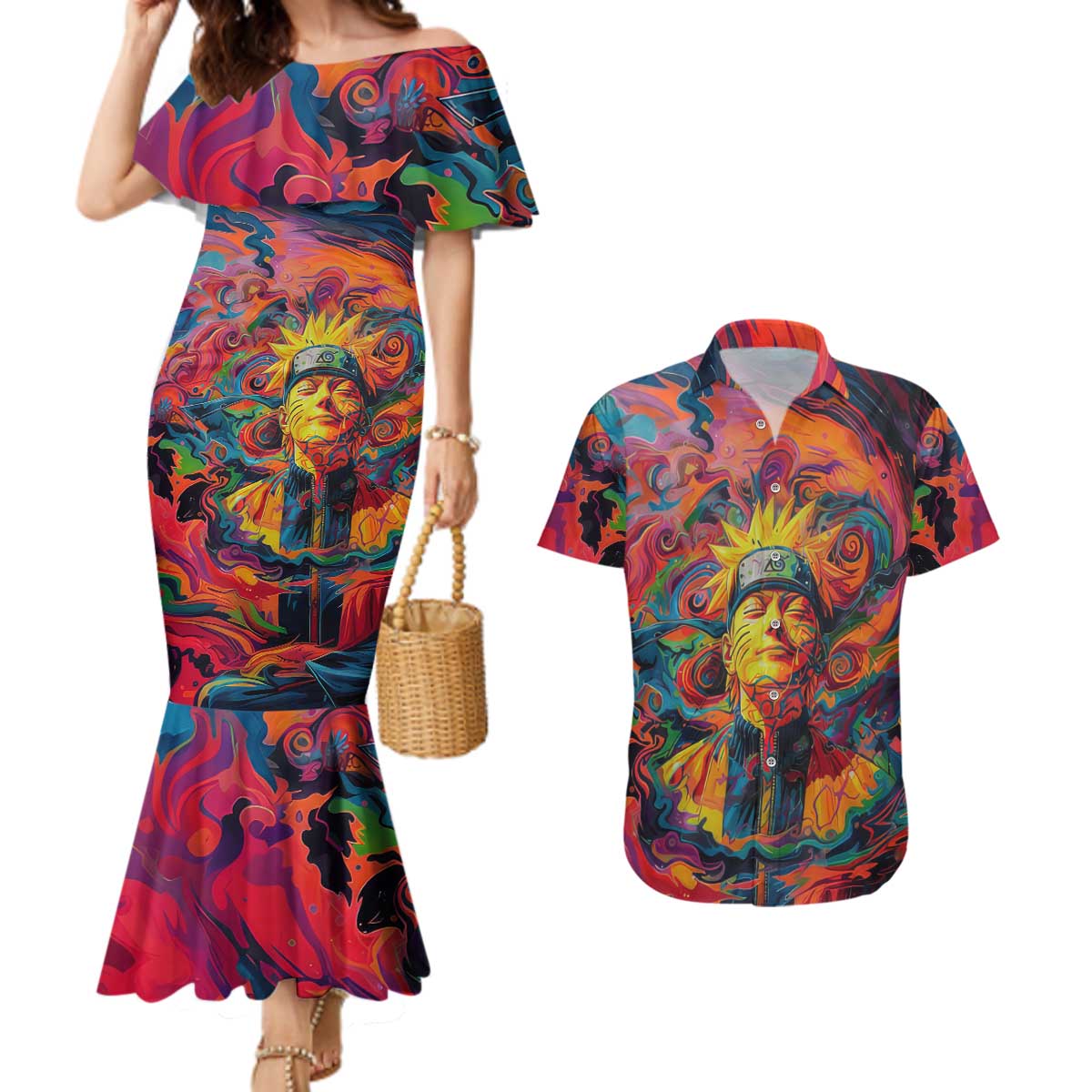 Trippy Naruto Couples Matching Mermaid Dress and Hawaiian Shirt Anime Mix Trippy Style
