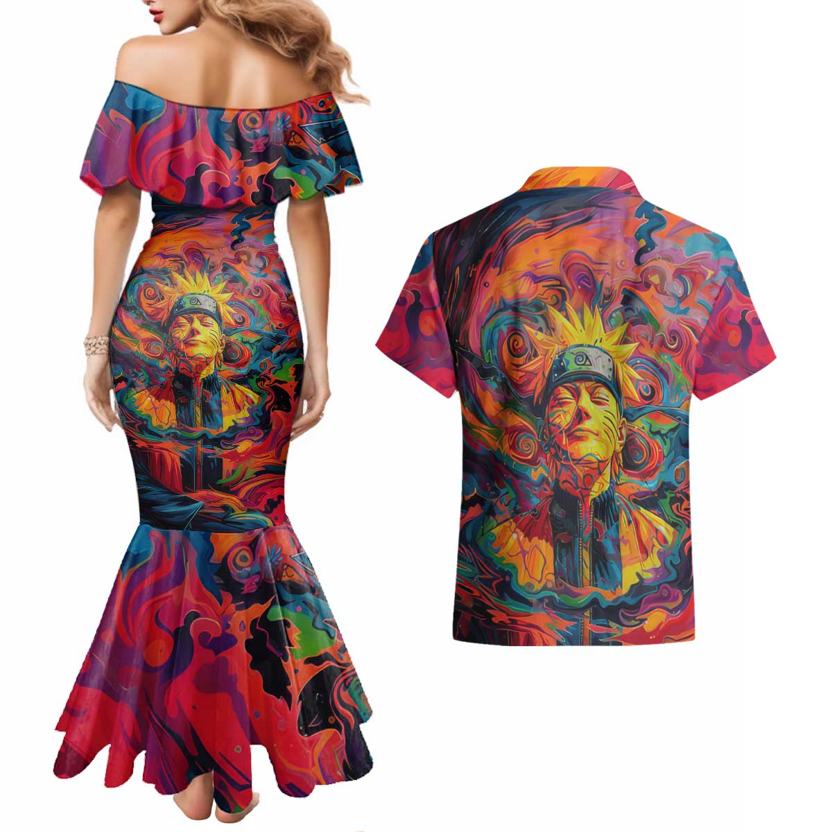 Trippy Naruto Couples Matching Mermaid Dress and Hawaiian Shirt Anime Mix Trippy Style