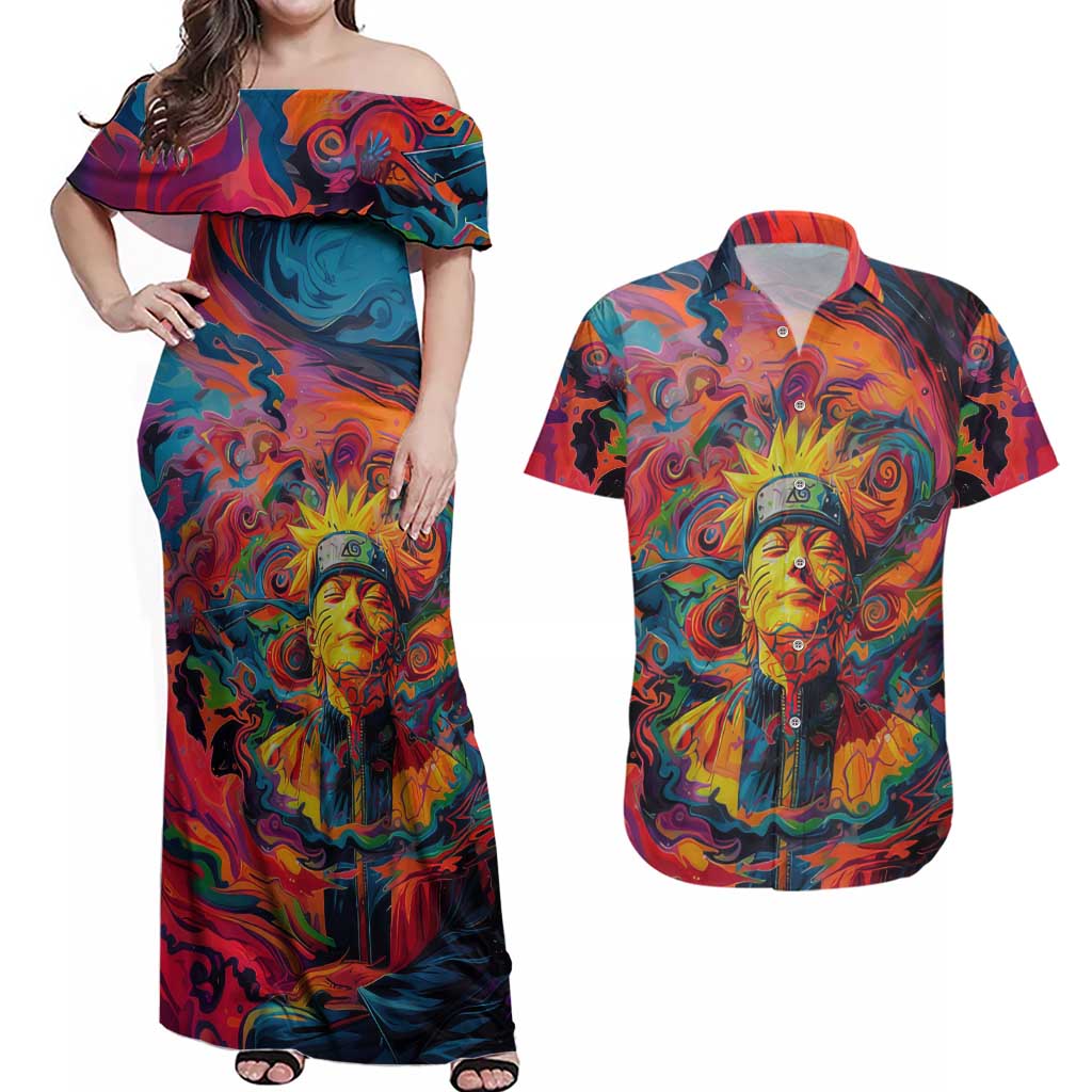 Trippy Naruto Couples Matching Off Shoulder Maxi Dress and Hawaiian Shirt Anime Mix Trippy Style