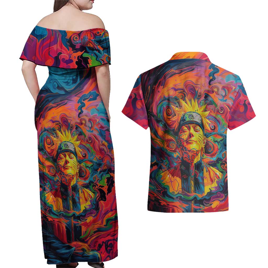 Trippy Naruto Couples Matching Off Shoulder Maxi Dress and Hawaiian Shirt Anime Mix Trippy Style