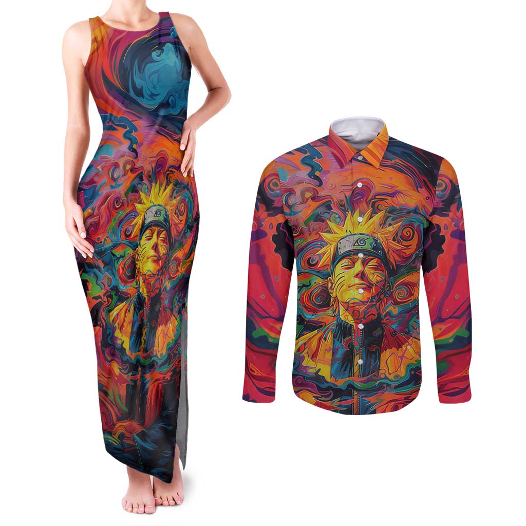 Trippy Naruto Couples Matching Tank Maxi Dress and Long Sleeve Button Shirt Anime Mix Trippy Style