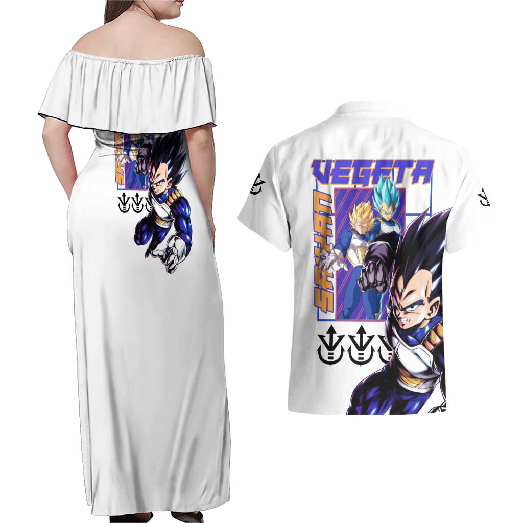 Vegeta V3 Dragon Ball Z Couples Matching Off Shoulder Maxi Dress and Hawaiian Shirt Anime Style