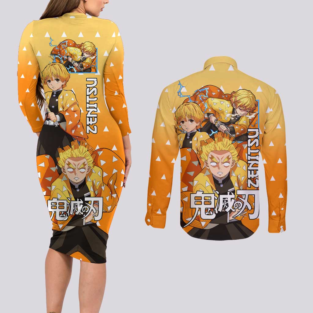 Agatsuma Zenitsu Haori Demon Slayer Couples Matching Long Sleeve Bodycon Dress and Long Sleeve Button Shirt Anime Style