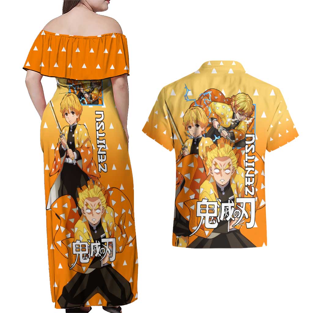 Agatsuma Zenitsu Haori Demon Slayer Couples Matching Off Shoulder Maxi Dress and Hawaiian Shirt Anime Style