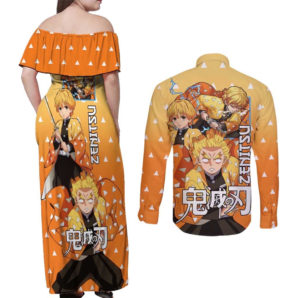 Agatsuma Zenitsu Haori Demon Slayer Couples Matching Off Shoulder Maxi Dress and Long Sleeve Button Shirt Anime Style