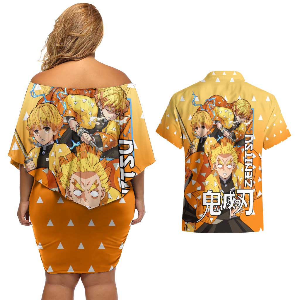 Agatsuma Zenitsu Haori Demon Slayer Couples Matching Off Shoulder Short Dress and Hawaiian Shirt Anime Style