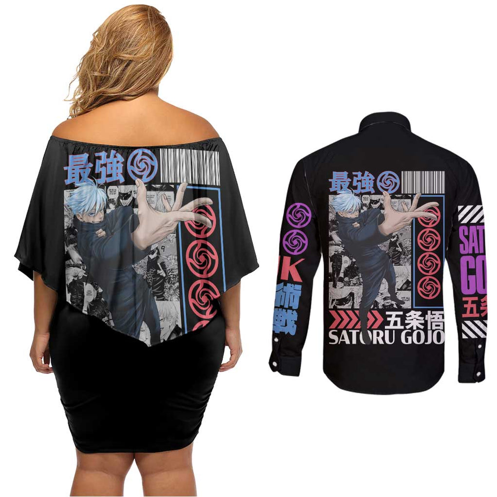 Satoru Gojo V2 Jujutsu Kaisen Couples Matching Off Shoulder Short Dress and Long Sleeve Button Shirt Anime Style