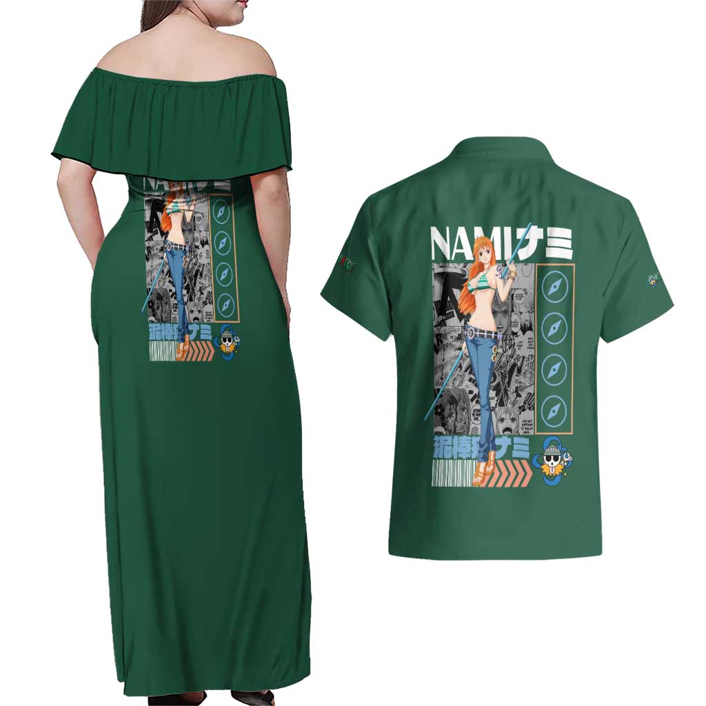 Nami One Piece Couples Matching Off Shoulder Maxi Dress and Hawaiian Shirt Anime Style TS04