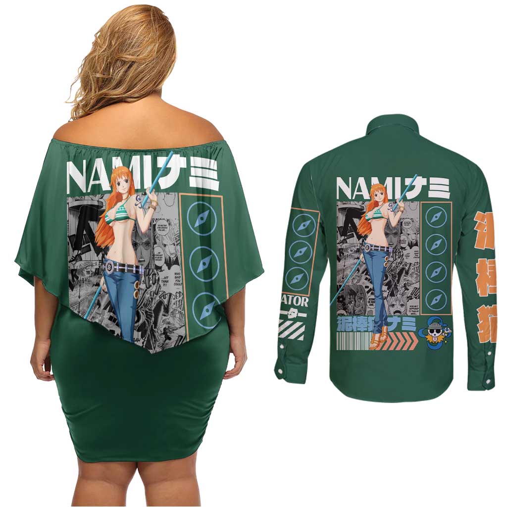 Nami One Piece Couples Matching Off Shoulder Short Dress and Long Sleeve Button Shirt Anime Style TS04