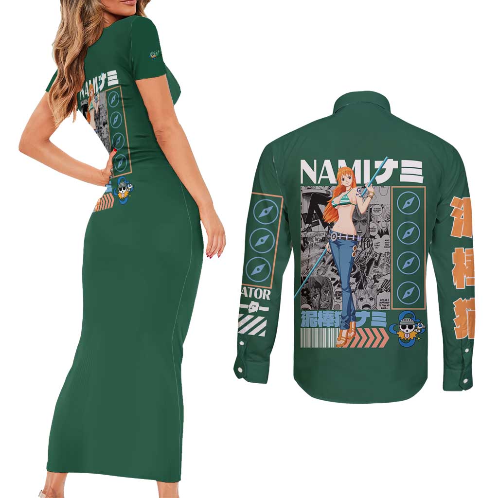 Nami One Piece Couples Matching Short Sleeve Bodycon Dress and Long Sleeve Button Shirt Anime Style TS04