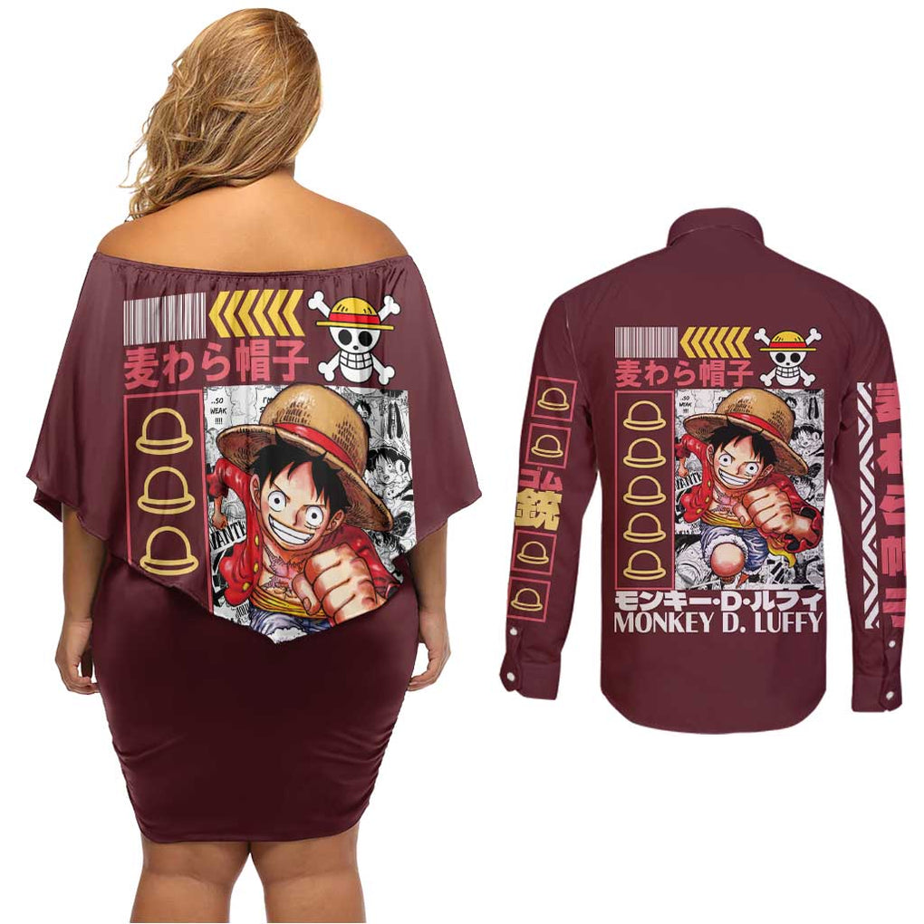 Monkey D. Luffy V2 One Piece Couples Matching Off Shoulder Short Dress and Long Sleeve Button Shirt Anime Style
