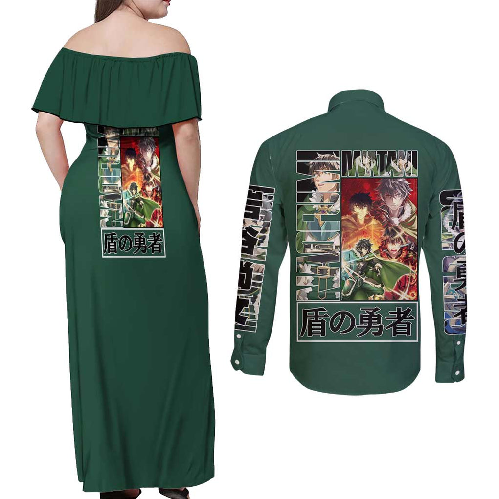 Naofumi Iwatani The Rising of the Shield Hero Couples Matching Off Shoulder Maxi Dress and Long Sleeve Button Shirt Anime Style