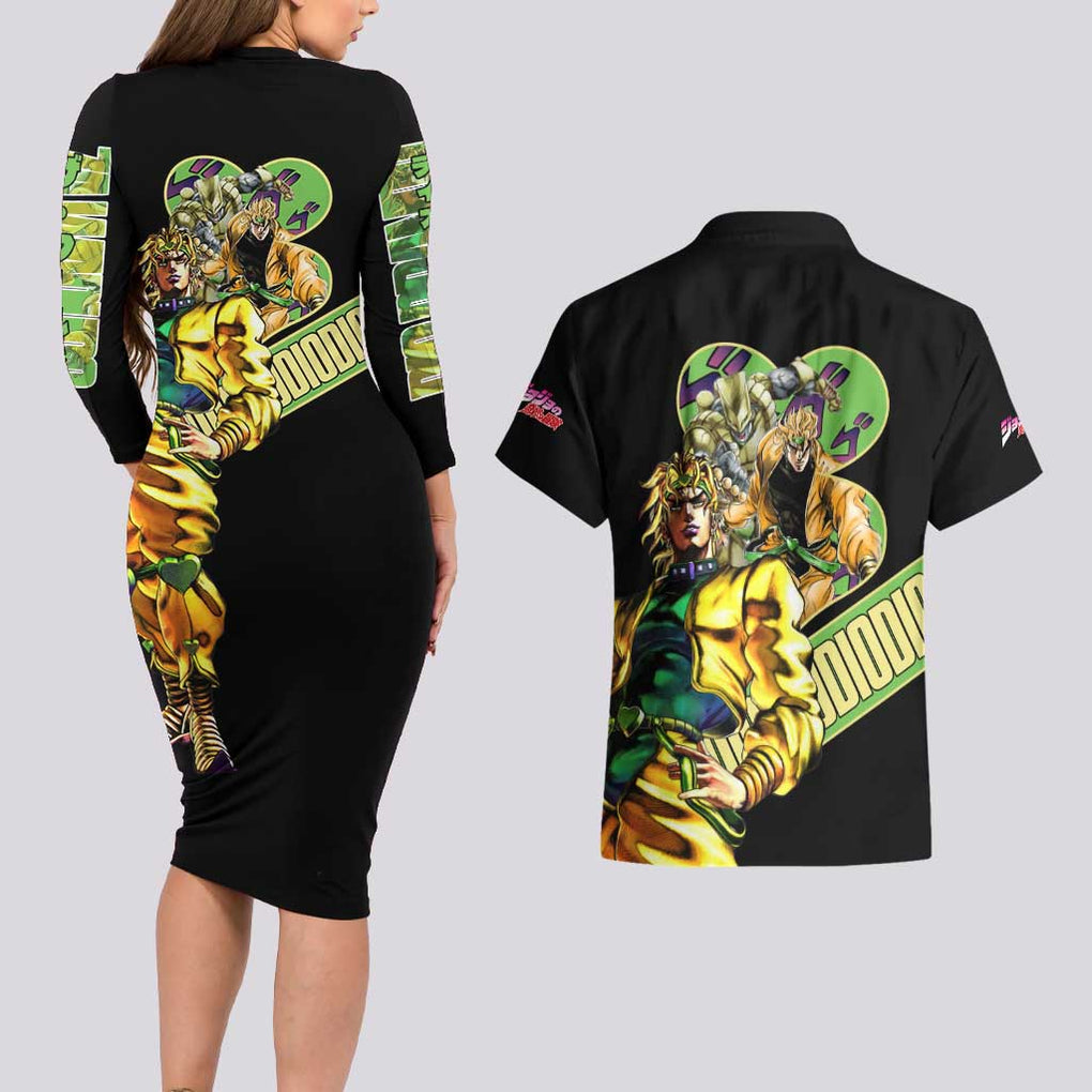 Dio Brando Jojo’s Bizarre Adventure Couples Matching Long Sleeve Bodycon Dress and Hawaiian Shirt Anime Style