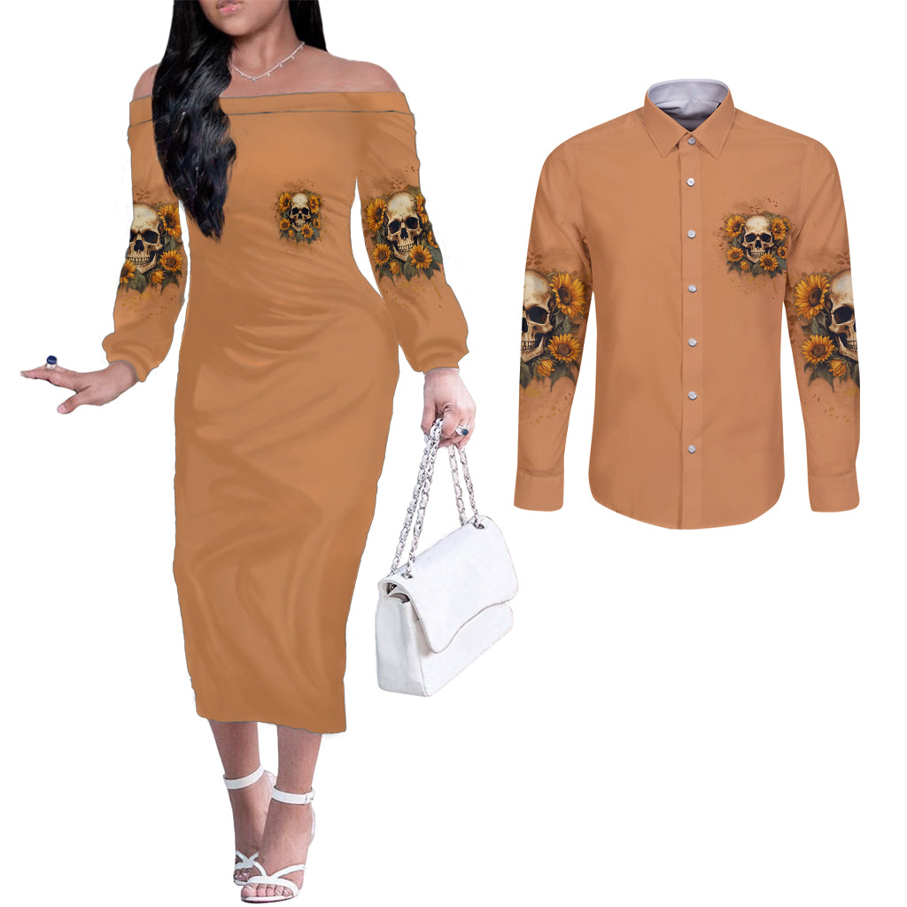 she-is-sunshine-sunflower-skull-couples-matching-off-the-shoulder-long-sleeve-dress-and-long-sleeve-button-shirt