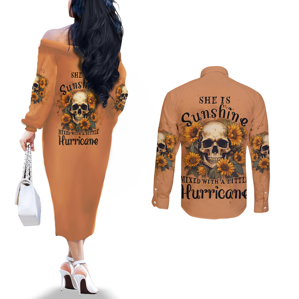 she-is-sunshine-sunflower-skull-couples-matching-off-the-shoulder-long-sleeve-dress-and-long-sleeve-button-shirt
