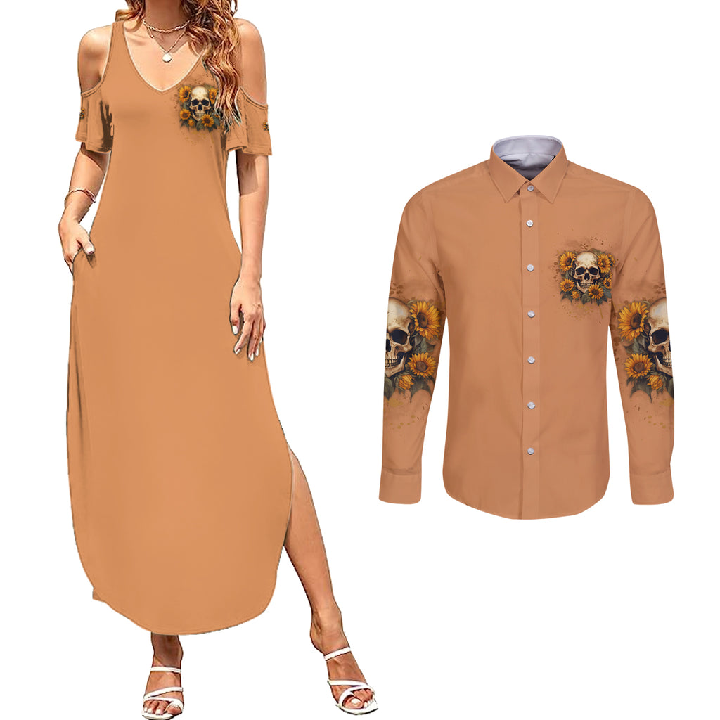 she-is-sunshine-sunflower-skull-couples-matching-summer-maxi-dress-and-long-sleeve-button-shirt