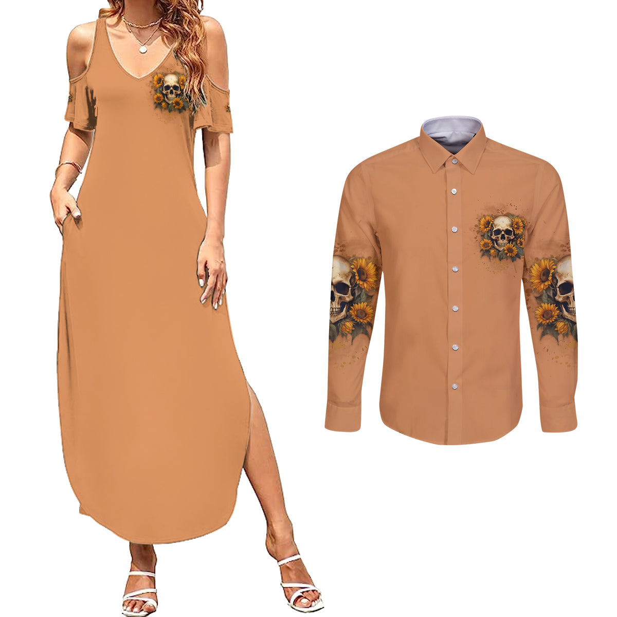 she-is-sunshine-sunflower-skull-couples-matching-summer-maxi-dress-and-long-sleeve-button-shirt